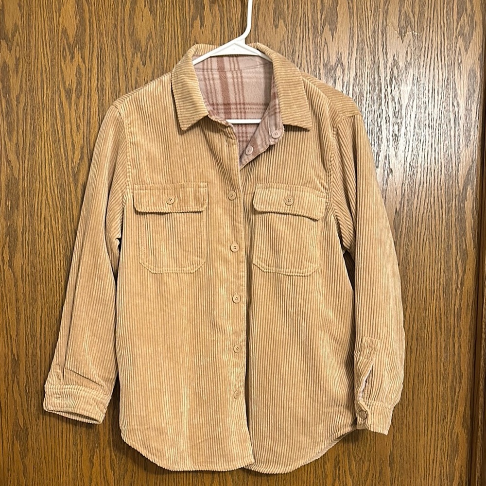 LOVE TREE Tan Corduroy Plaid Fleece Lined Shacket